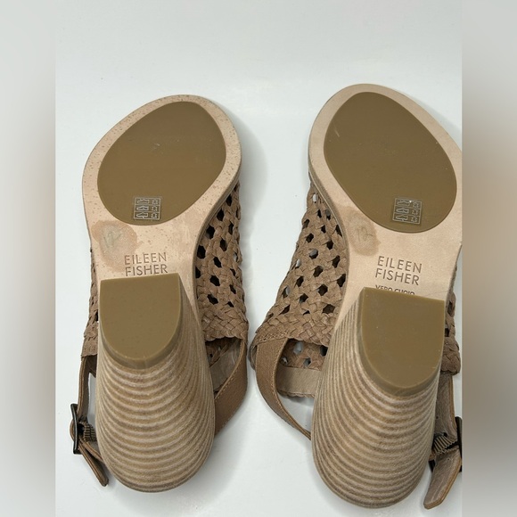 Eileen Fisher Woven Tan Leather Open Toe Sandal Heel Size 9 - Picture 2 of 14